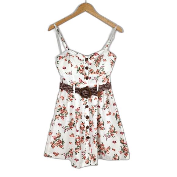 Dresses & Skirts - Mind Code Cotton Mini Dress Floral Cream Belted Wooden Button Size M